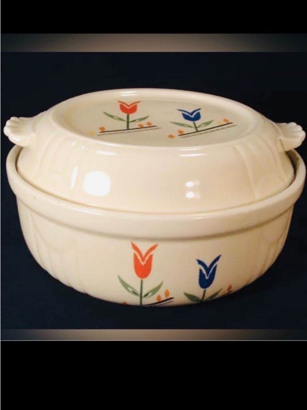 Rare 1930s Hall China Orange & Blue Tulip Covered Casserole Piggly Wiggly Promo